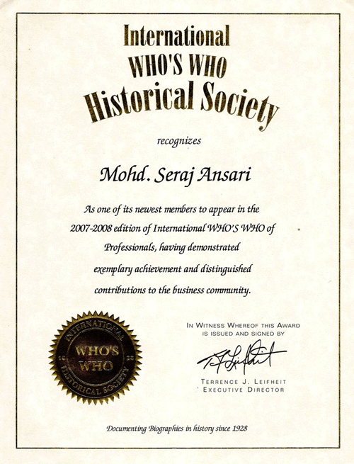 International Who's Who  Historical Society 's Certificate